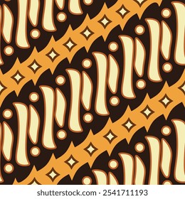 Batik clássico javanês "Parang Rusak", padrão de linhas diagonais fluindo simbolizando força e resiliência em marrom dourado, mistura elegância vintage com profundo significado cultural