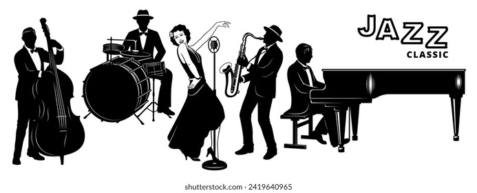 Classic Jazz Band Silhouettes Set. Pianist, Singer, Double Bassist, Saxophonist, Drummer. Vector cliparts isolated on white.