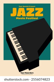 Classic jazz music festival poster template design background. Isometric piano vintage retro style. Design element for print, brochure, leaflet, flyer, invitation, vector illustration