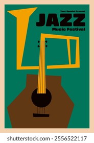 Classic jazz music festival poster template design background. Minimal shape of guitar and trumpet vintage retro style. Design element for print, brochure, leaflet, flyer, vector illustration