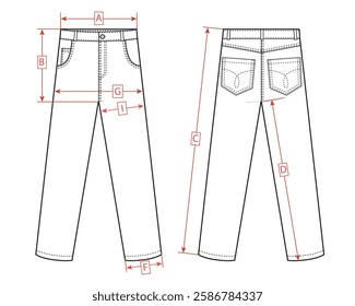 Classic jeans size chart, black and white flat sketch