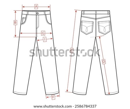 Classic jeans size chart, black and white flat sketch