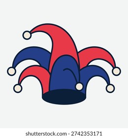 Classic jester hat with red, blue, and white pointed sections and bells