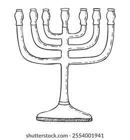 Classic Jewish menorah simple black and white line vector illustration for coloring. Judaic religious candelabrum