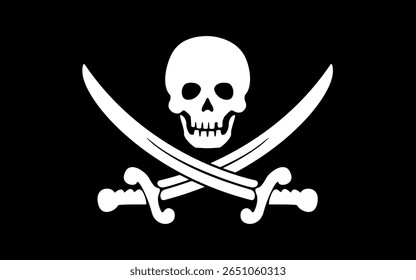 Classic Jolly Roger pirate flag with skull and crossbones symbol on black background. Clipart image.