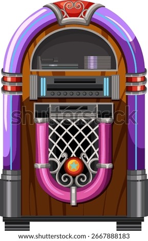 Classic jukebox design in a vibrant vector style, featuring bold colors and intricate details, perfect for vintage-themed projects