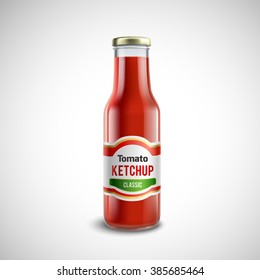 Classic Ketchup Glass Bottle With Glossy Cap In Realistic Style Isolated Vector Illustration 