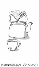 Classic kettle and coffee in beautiful cup line art drawing 