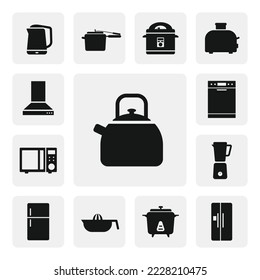 Classic kettle flat web icon. Simple tea pot kettle stove sign silhouette. Kettle solid black icon vector design. Tea kettle cartoon clipart. Household domestic concept. Kitchen appliances icon set