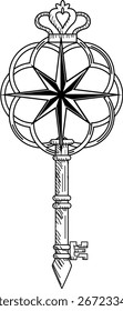 klassisches Schlüssellogo, Illustration eines Kompasses im Schlüssel, nur Umriss, schwarz-weiß