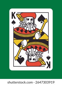 Rei de Espadas clássico jogando design de carta com cores arrojadas e layout simétrico, definido contra um fundo verde. Conceito de jogo de cartas tradicional. Ilustração vetorial