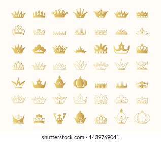 Classic kings and queens golden crowns collection. Vintage royal heraldic elements. Gold monarch jewelry outlines and silhouettes.