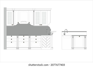 Classic kitchen cabinets with carved elements and milled fronts. For home comfort with your family. They will decorate any interior of a country house and apartment. Suitable for background