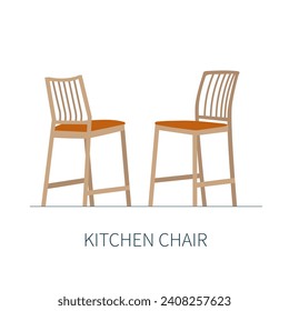Classic kitchen dining room chair on wooden legs with soft brown seat. Isolated chair on white background.