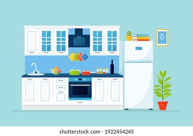 Classic kitchen with furniture. Refrigerator, cupboard, faucet with sink, stove in room. Vector illustration