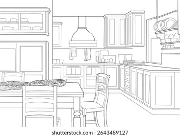 Classic Kitchen Interior Line Drawing, Detailed line drawing illustration of a classic style kitchen and dining area, featuring furniture, cabinets, appliances, and kitchenware. Suitable for