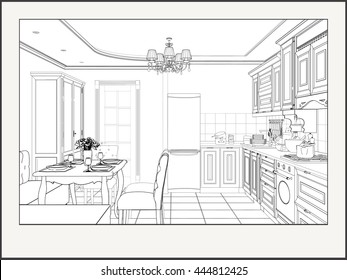 Classic kitchen interior. Linear vector illustration. Black and white interior perspective