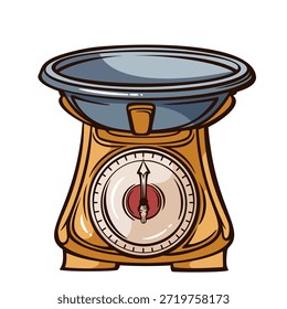 Báscula de cocina clásica con bandeja de metal redonda y esfera retro, dispositivo de pesaje doméstico tradicional en estilo de grabado vintage, equipo de cocina detallado, arte de línea monocromo, Ilustración vectorial.