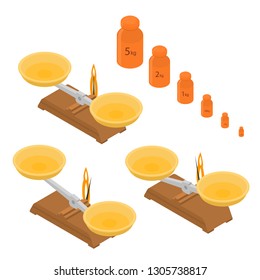Classic kitchen scales in isometric view. Weight measure of food and objects. Balance and Equilibrium vector Illustration.