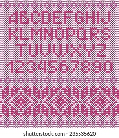 Classic knitted alphabet with repeatable sweater pattern. Set of ABC letters and numbers and seamless pattern knit imitation. Scandinavian repeatable knitted pattern. Vector file is grouped EPS8.