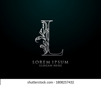 Classic L Letter Icon. Luxury Silver calligraphic alphabet arts logo. Vintage drawn emblem for book design, brand name, stamp, Restaurant, Boutique, Hotel.  