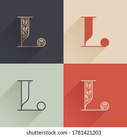 Classic L letter logo with premium decoration. Four style serif font set. Vector icon perfect to use in any alcohol labels, glamour posters, luxury identity, etc.