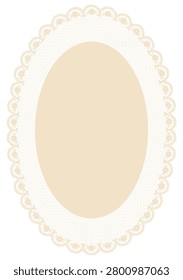 Classic lace oval frame with floral scallop edge. Whimsy lace doily clipart in crochet style for wedding invitations, cottagecore stationery. Embroidery handkerchief with mesh texture.