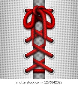 Classic lacing with bowknot and elements of a shoe or a garment. Vector realistic illustration of red shoelaces tying.