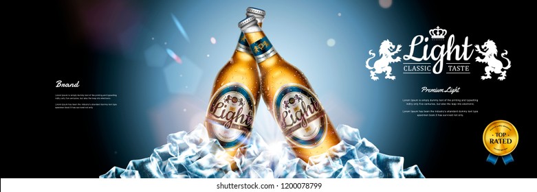 Classic lager beer banner ads with ice cubes elements in 3d illustration