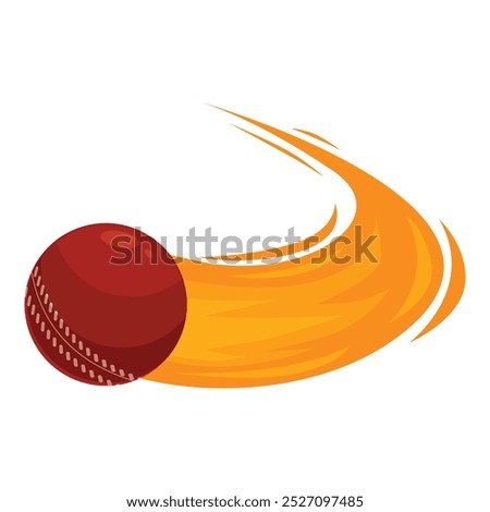 Classic leather cricket ball moving fast through the air leaving a fiery trail