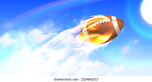 Classic leather rugby ball fly in a sky like a rocket with fiery flames