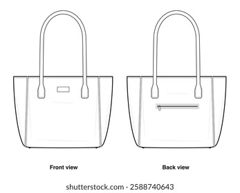 Classic Leather Tote Bag Technical Fashion Illustration. Elegant Handbag Vector Template. Front and Back View. Spacious Design. Reinforced Handles. Zipper Pocket Detail. Women’s Accessory. CAD Mockup.