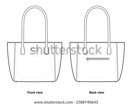 Classic Leather Tote Bag Technical Fashion Illustration. Elegant Handbag Vector Template. Front and Back View. Spacious Design. Reinforced Handles. Zipper Pocket Detail. Women’s Accessory. CAD Mockup.