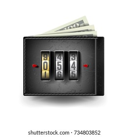 Classic Leather Wallet Vector. Locked With Combination Code Lock. Finance Secure Concept. Isolated On White Background Illustration