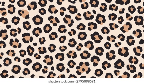Classic leopard print seamless pattern in tan brown and black tones creates a realistic and fashionable animal skin texture for design.