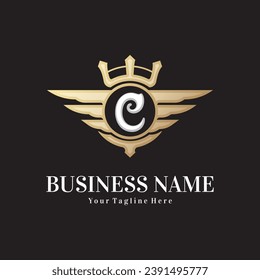 Classic letter C and golden wing royal crown, crest logo, victory logo, royal logo vector design template