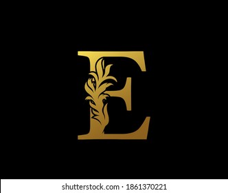 Classic Letter E Icon. Luxury Gold alphabet arts logo. Vintage Alphabetical Icon for book design, brand name, stamp, Restaurant, Boutique, Notary, Hotel.  