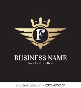 Classic letter F and golden wing royal crown, crest logo, victory logo, royal logo vector design template