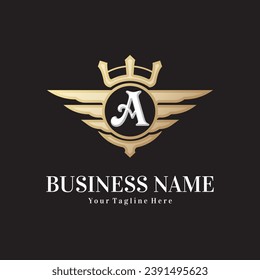 Classic letter A and golden wing royal crown, crest logo, victory logo, royal logo vector design template