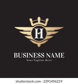 Classic letter H and golden wing royal crown, crest logo, victory logo, royal logo vector design template