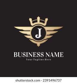 Classic letter J and golden wing royal crown, crest logo, victory logo, royal logo vector design template