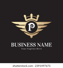 Classic letter P and golden wing royal crown, crest logo, victory logo, royal logo vector design template