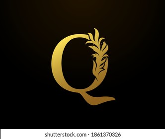Classic Letter Q Icon. Luxury Gold alphabet arts logo. Vintage Alphabetical Icon for book design, brand name, stamp, Restaurant, Boutique, Notary, Hotel.  