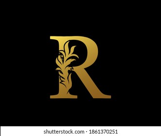 Classic Letter R Icon. Luxury Gold alphabet arts logo. Vintage Alphabetical Icon for book design, brand name, stamp, Restaurant, Boutique, Notary, Hotel.  