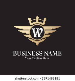 Classic letter W and golden wing royal crown, crest logo, victory logo, royal logo vector design template