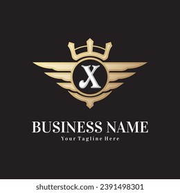 Classic letter X and golden wing royal crown, crest logo, victory logo, royal logo vector design template