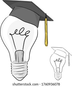 classic light bulb with graduation cap vector illustration sketch doodle hand drawn with black lines isolated on white background