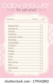 Classic Light Pink Color Baby Shower She said what Layout Template, Do it Yourself Word Game with beautiful abstract design theme for boy and girl, Elegant Mosaic Tile mommy to be activity card