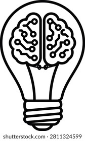 Classic Lightbulb Icon With Internal Circuit Brain Filament in Monoline Editable Stroke Style on White Background
