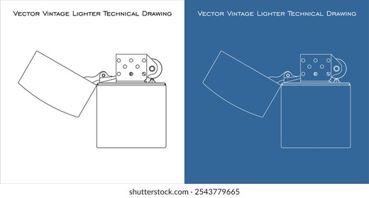 Classic Lighter cigarette vector from various positions line technical drawing blueprint isolated on transparent background